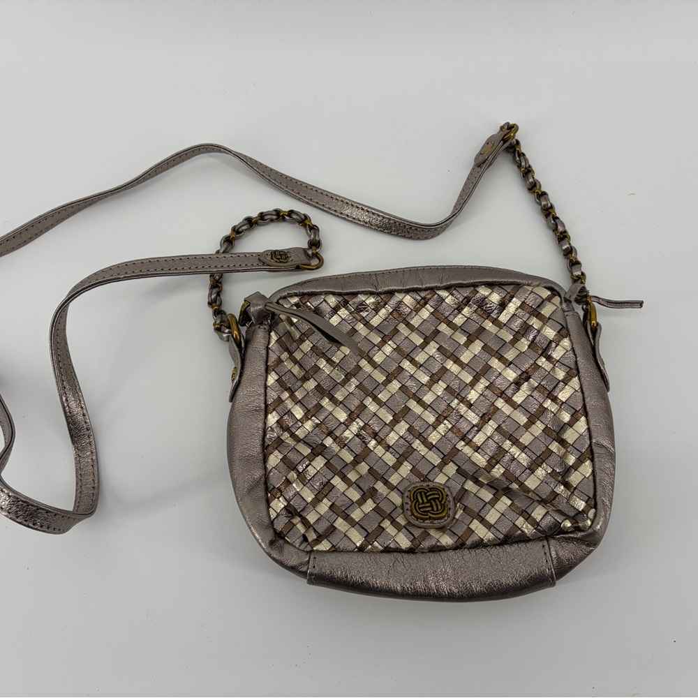Elliott Lucca‎ Gold Metallic Woven Leather Crossbody Chain Bag Purse